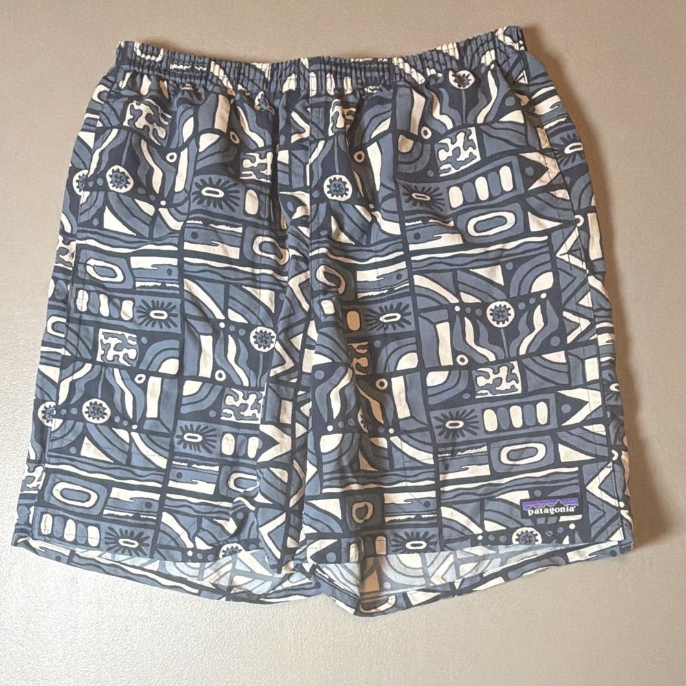 Patagonia Men's Size S Blue White Geometric Swim Trunks Elastic 7"